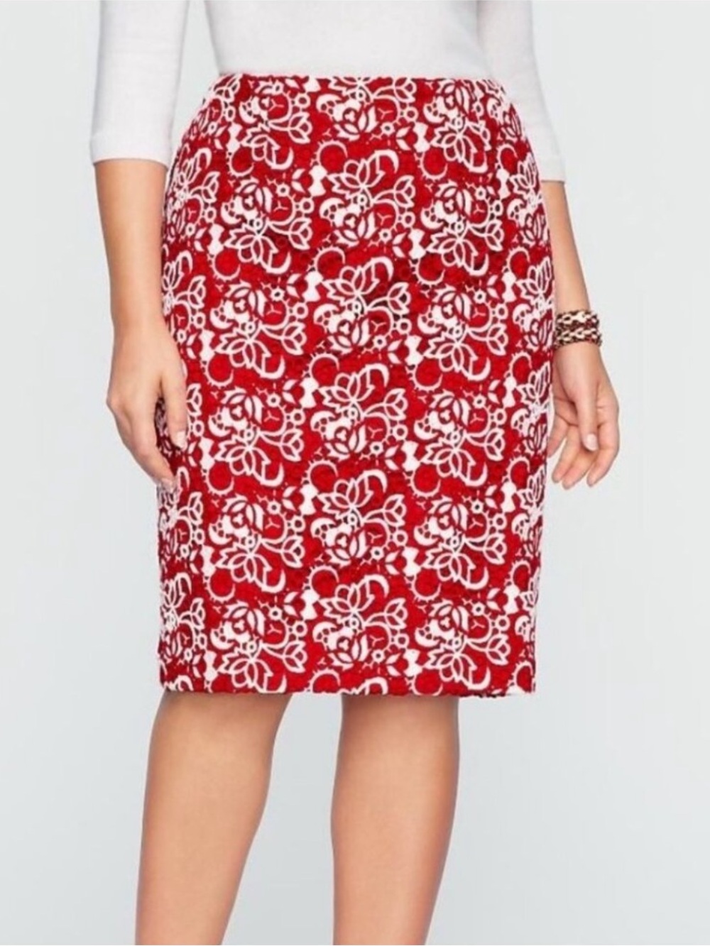 Talbots Beautiful Red and White Floral Lace Straight Pencil Skirt Plus Sz 16 NEW
